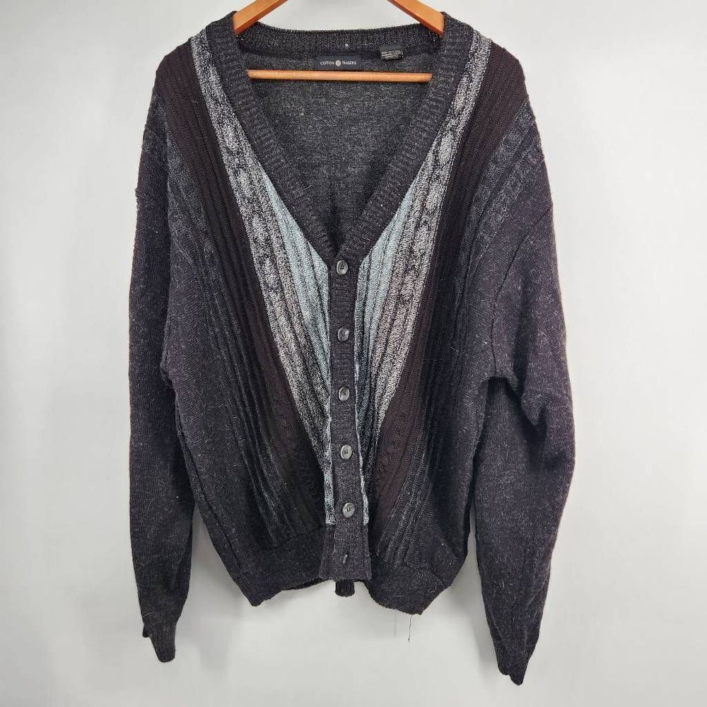Cotton Traders Vintage Wool Blend Cardigan Men's XL Gray Blue Striped Rib